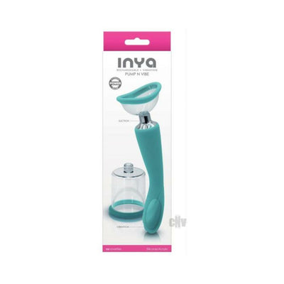 Inya Pump And Vibe with interchangeable suction cups in teal, shown in retail packaging with dual-function design.
