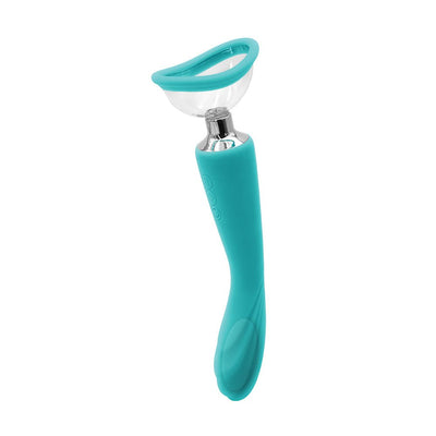Teal silicone dual-function pump and vibrator with clear interchangeable suction cup attachment.