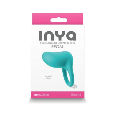 Inya Regal rechargeable vibrating ring in teal silicone shown on white and pink retail packaging.