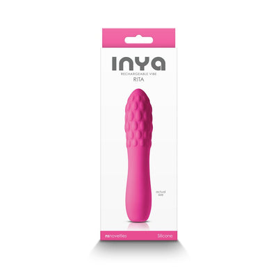 Pink textured silicone rechargeable vibe in sleek packaging with INYA branding and product details.