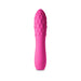Pink textured silicone vibe with rounded tip and smooth handle, standing upright on white background.