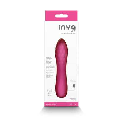 Inya Rita rechargeable textured silicone vibe in pink with USB charging cable shown in white and pink packaging.