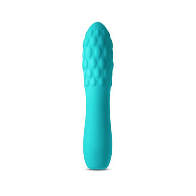 Turquoise textured silicone vibrator with rounded tip and ergonomic shape, designed for discreet travel use.