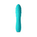 Turquoise textured silicone vibrator with rounded tip and ergonomic shape, designed for discreet travel use.