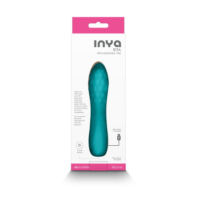 Teal textured rechargeable silicone vibe in white and pink retail packaging with product details and USB charging info.