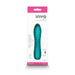 Teal textured rechargeable silicone vibe in white and pink retail packaging with product details and USB charging info.