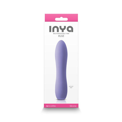 Packaging of the Inya Ruse rechargeable silicone vibrator in lavender, showing actual size and product branding.