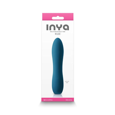 Inya Ruse rechargeable silicone vibrator in teal shown on white packaging with pink accents.