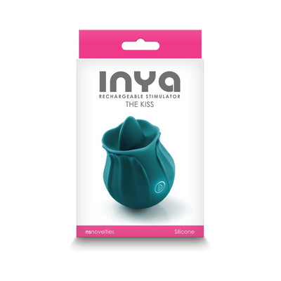 Dark teal rosebud-shaped rechargeable silicone stimulator in white and pink retail packaging.