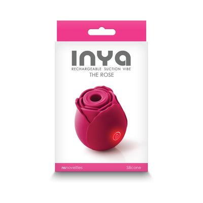 Packaging of INYA The Rose rechargeable silicone suction vibe shaped like a rose in deep pink color