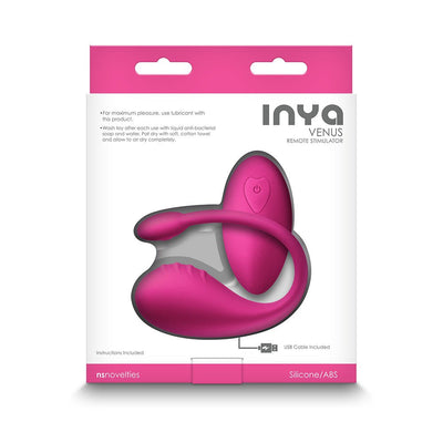 Pink Inya Venus remote-controlled silicone stimulator in retail packaging with USB cable included.