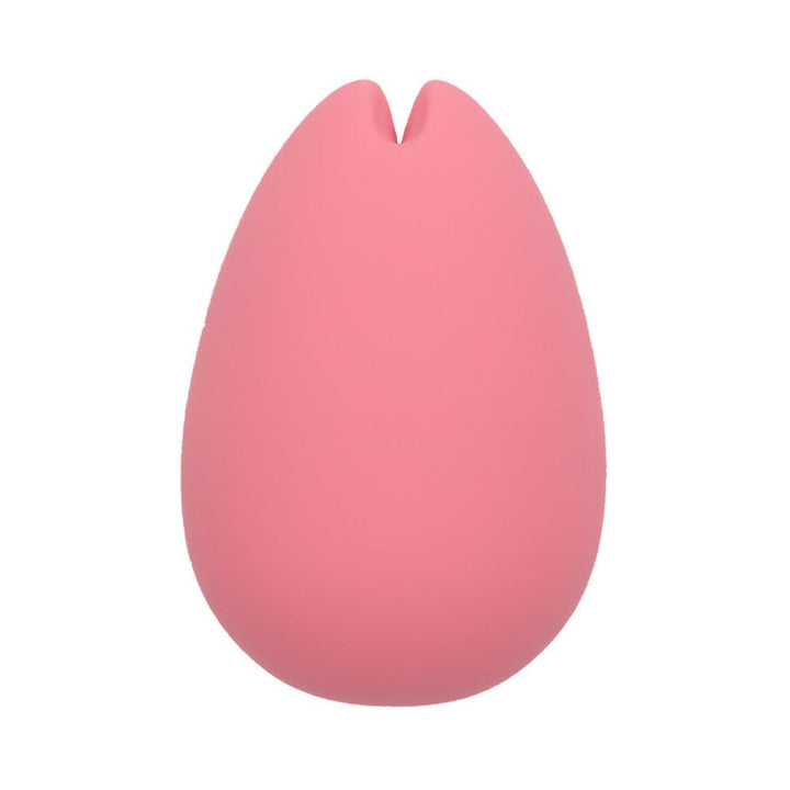 Compact pink silicone personal massager with a soft, smooth finish and a unique split-tip design.