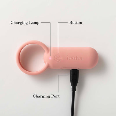 Pink compact Iroha Svr Ring with labeled charging lamp, button, and charging port connected to USB cable.