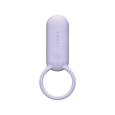 Compact lavender silicone vibration ring with smooth rounded top and loop handle, embossed with Iroha logo.