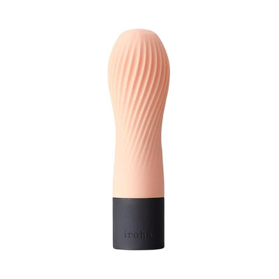 Compact Iroha Zen mini vibrator in soft peach with textured silicone body and black base on white background.