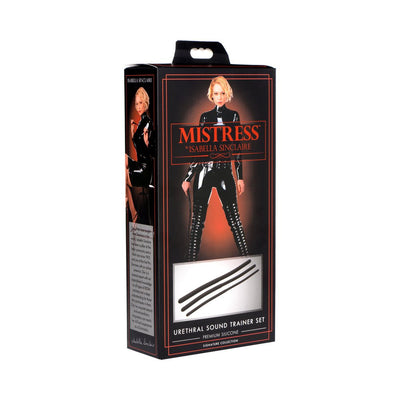 Packaging box of Isabella Sinclaire Mistress Urethral Sound Trainer Set featuring a model in black latex outfit and product image.