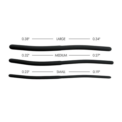 Set of three black silicone urethral sounds in small, medium, and large sizes with dual-sided graduated diameters.