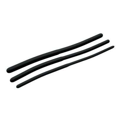 Set of three black silicone urethral sound trainers in graduated sizes with smooth, flexible design for comfortable use.