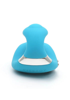 Blue swan-shaped finger vibrator with ergonomic design and silver accent, made of smooth silicone.