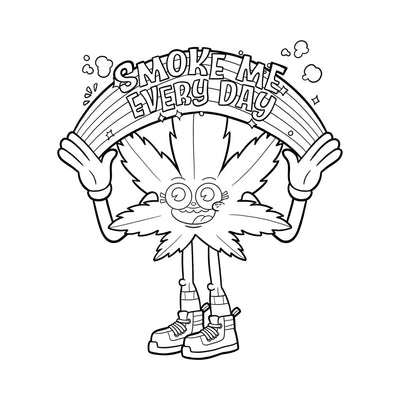 Black and white cartoon coloring page of a smiling cannabis leaf character holding a rainbow banner that says Smoke Me Every Day.