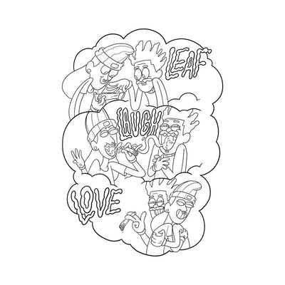 Black and white cartoon-style coloring page featuring three pairs of characters sharing joyful moments with words leaf, laugh, and love in smoke clouds.