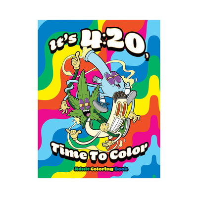 Colorful cover of "It's 4:20, Time To Color" adult coloring book featuring animated cannabis leaf, joint, and bong characters.