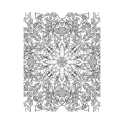 Intricate black and white kaleidoscope-style coloring page featuring playful cartoon characters and a central leaf motif.
