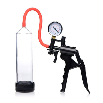Jack Mate penis pump with clear 9-inch cylinder, red flexible hose, black ergonomic hand pump, and pressure gauge.