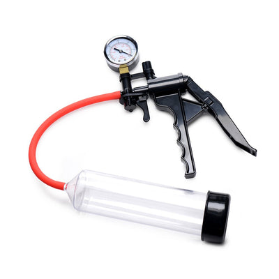Jack Mate penis pump with clear 9-inch cylinder, red flexible hose, and black ergonomic hand pump with pressure gauge.