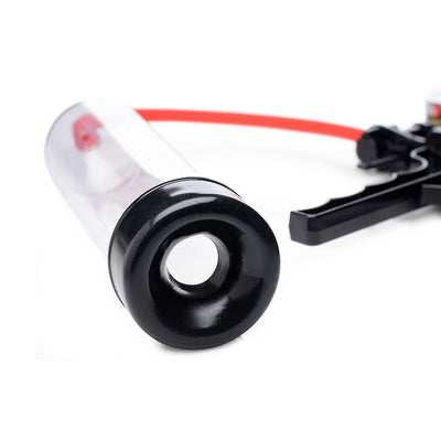 Jack Mate penis pump with clear 9-inch cylinder, black silicone seal, red tubing, and black hand pump with pressure gauge.