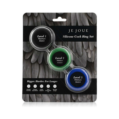 Je Joue 3-pack silicone C-rings in black, green, and blue with varying stretch levels in retail packaging.