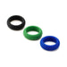 Set of three soft silicone C-rings in black, green, and blue with a smooth, rounded design for comfortable wear.
