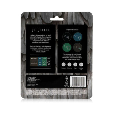 Back packaging of Je Joue 3-pack silicone C-rings set showing product details, usage suggestions, and safety icons.