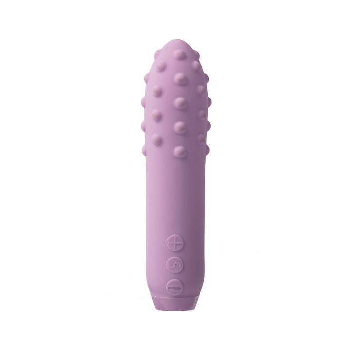 Lilac rechargeable silicone bullet vibrator with textured and smooth surfaces, compact and ergonomic design.