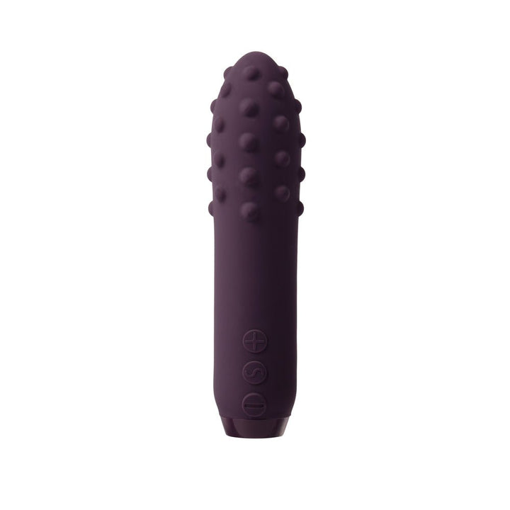 Purple rechargeable silicone bullet vibrator with textured raised nodules and control buttons on the base.