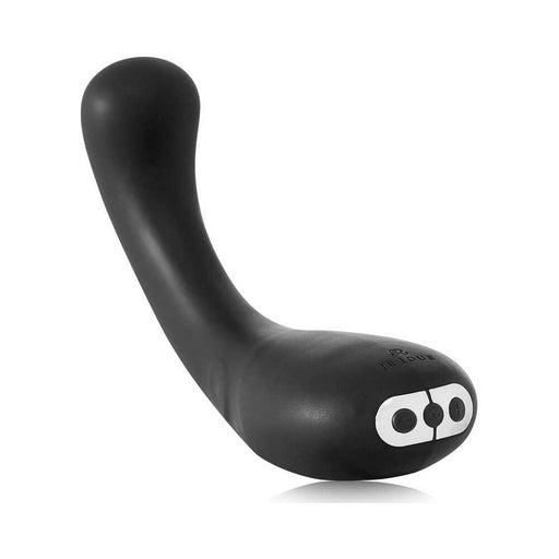 Black curved dual stimulator with smooth silicone body and three-button control panel on base.