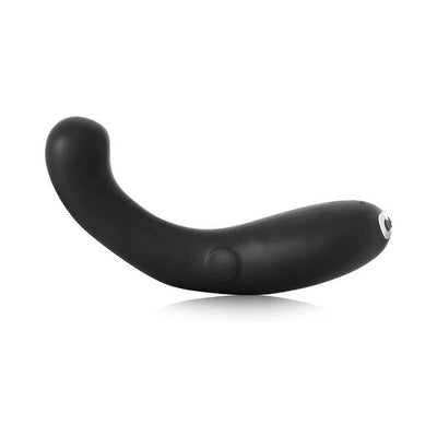 Black curved dual stimulator with smooth silicone body and ergonomic design for customizable G-spot and clitoral pleasure.