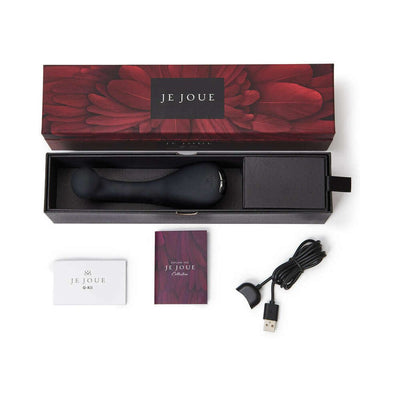 Je Joue G-kii dual stimulator in black with USB charging cable and instruction booklets in luxury floral box.