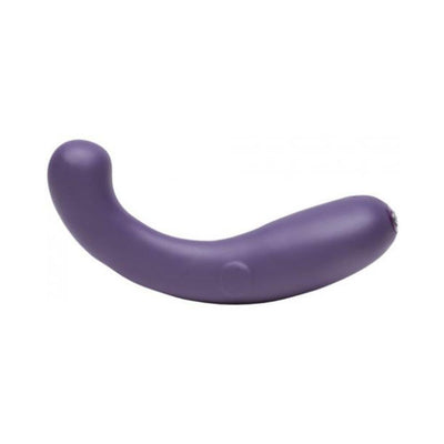 Purple curved dual stimulator with smooth silicone finish and ergonomic design for targeted pleasure.