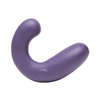 Purple curved dual stimulator with smooth silicone surface and ergonomic design for targeted pleasure.
