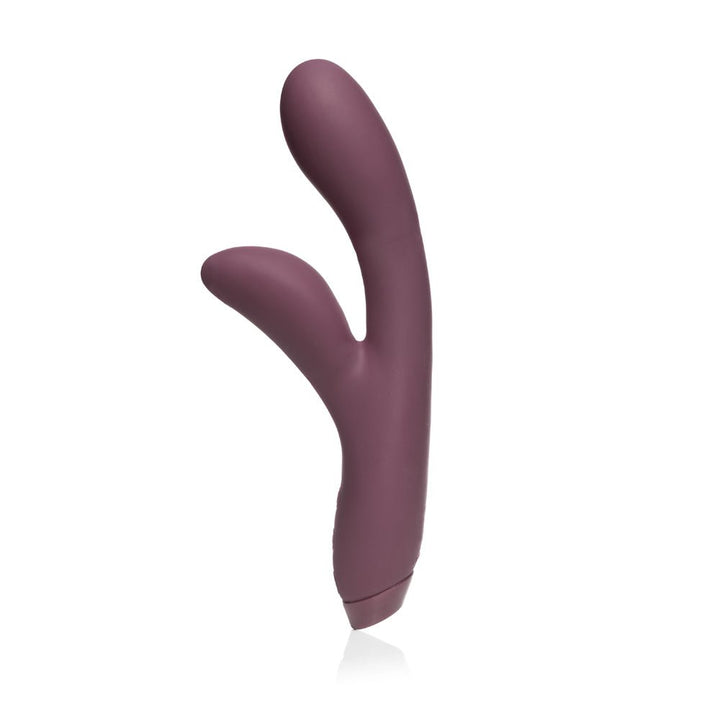 Sleek plum-colored silicone rabbit vibrator with dual curved arms for targeted internal and external stimulation.