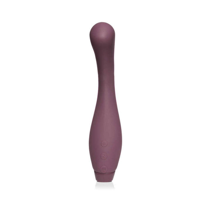 Purple silicone Je Joue Juno G-spot vibrator with curved tip and control buttons on the handle.