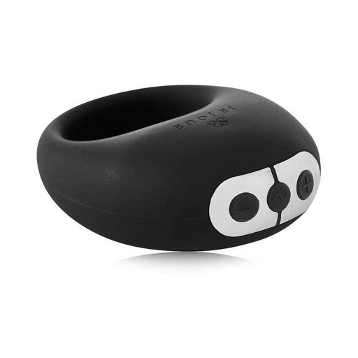Black Je Joue Mio flexible silicone vibrating cock ring with control buttons on white background.