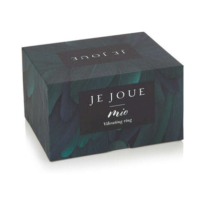 Je Joue Mio vibrating ring packaging box with dark feather design and brand logo on front.