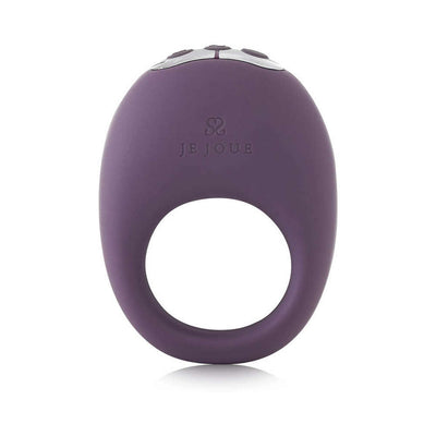 Je Joue Mio black silicone vibrating cock ring with ergonomic shape and control buttons on top.