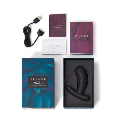 Je Joue Nuo V.2 black silicone anal plug with USB charging cable and product manuals in branded packaging.