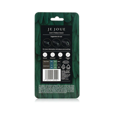 Back packaging of Je Joue Silicone Ring Medium Stretch Green with usage instructions and product features icons.