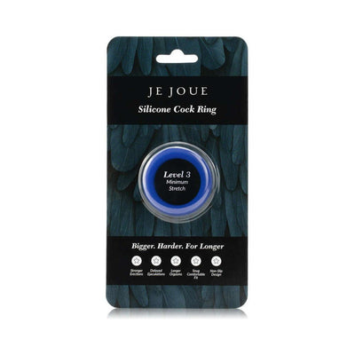 Je Joue blue silicone cock ring in retail packaging with Level 3 minimum stretch and product benefits listed.