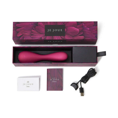 Je Joue Uma G-spot vibrator in deep pink with USB charging cable and user manuals in decorative floral box.