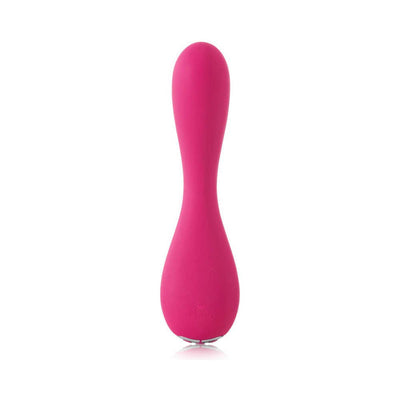 Bright pink silicone G-spot vibrator with a smooth, contoured shape and rounded tip, standing upright on a white background.